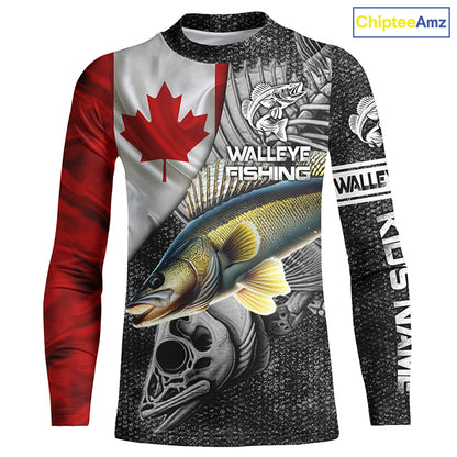 Canadian Flag Walleye Fishing Custom long sleeve performance Fishing Shirts, Walleye Fishing jerseys NQS3530