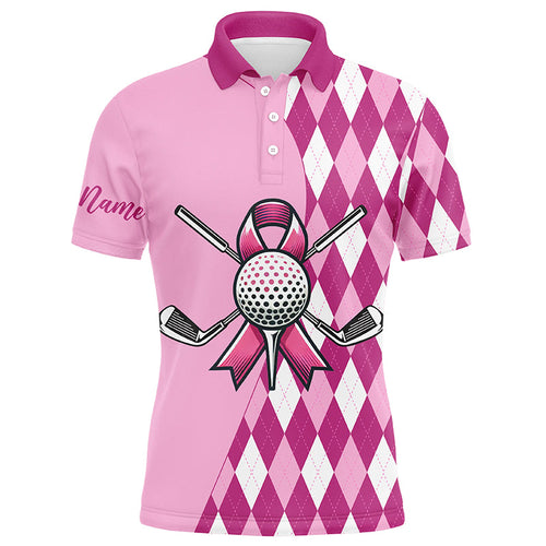 Mens golf polo shirts custom pink argyle pattern Breast Cancer awareness golf apparel for men NQS8128