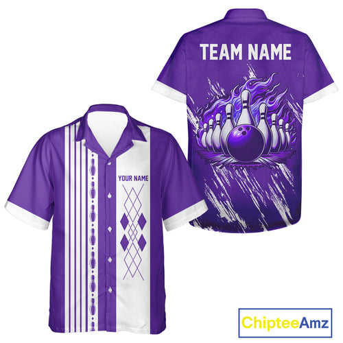 Retro Purple argyle Flame Bowling Hawaiian Shirt custom bowling team button up shirt Bowler Outfits NQS10326