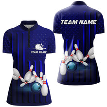 Load image into Gallery viewer, Blue American Flag patriotic Bowling Polo, 1/4 Zip Shirts For Women, custom team bowling shirts NQS8362