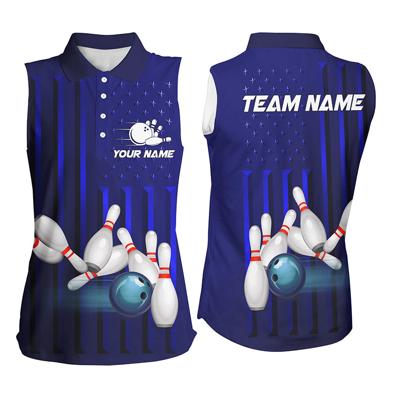 Blue American Flag patriotic Bowling Sleeveless Polo Shirts For Women, custom team bowling shirts NQS8362