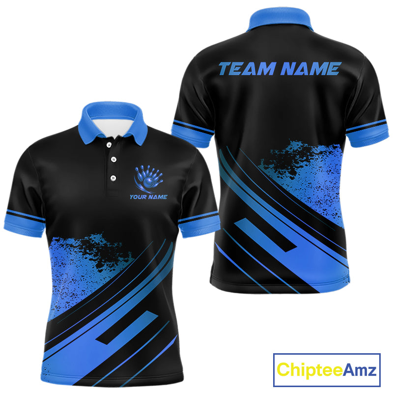 Custom Black And Blue Bowling Team Polo, Quarter-Zip Shirts For Men, Personalized Bowling Jerseys NQS10539