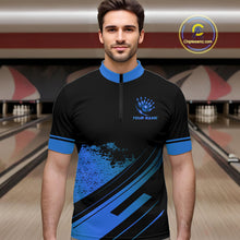 Load image into Gallery viewer, Custom Black And Blue Bowling Team Polo, Quarter-Zip Shirts For Men, Personalized Bowling Jerseys NQS10539
