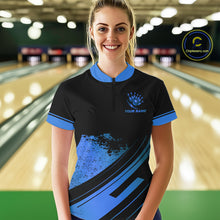 Load image into Gallery viewer, Custom Black And Blue Bowling Team Polo, Quarter-Zip Shirts For Women, Personalized Bowling Jerseys NQS10539