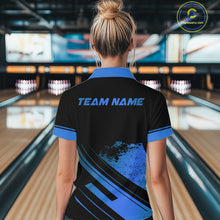 Load image into Gallery viewer, Custom Black And Blue Bowling Team Polo, Quarter-Zip Shirts For Women, Personalized Bowling Jerseys NQS10539