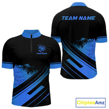 Load image into Gallery viewer, Custom Black And Blue Bowling Team Polo, Quarter-Zip Shirts For Men, Personalized Bowling Jerseys NQS10539