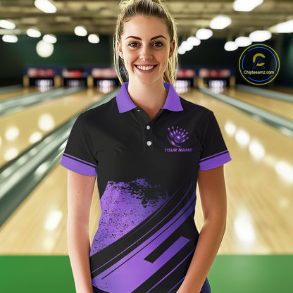 Custom Black And Purple Bowling Team Polo, Quarter-Zip Shirts For Women, Personalized Bowling Jerseys NQS10541