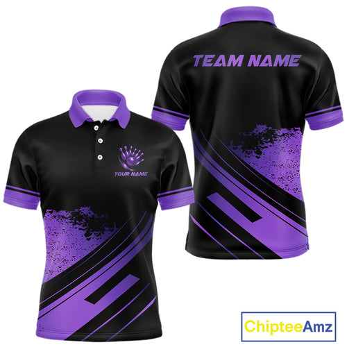 Custom Black And Purple Bowling Team Polo, Quarter-Zip Shirts For Men, Personalized Bowling Jerseys NQS10541