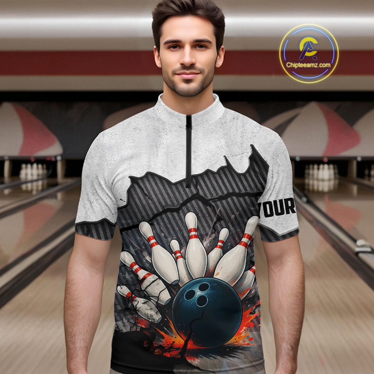 Black and White grunge Bowling Shirts for Men Custom Team Bowling Jerseys, Gift for Bowlers NQS10751