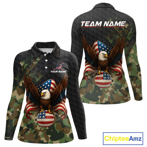 Black and Green Camo American Flag Eagle Golf Polo Shirts For Women Custom Patriotic Team Golf Jersey NQS10953