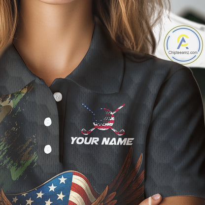 Black and Green Camo American Flag Eagle Golf Polo Shirts For Women Custom Patriotic Team Golf Jersey NQS10953