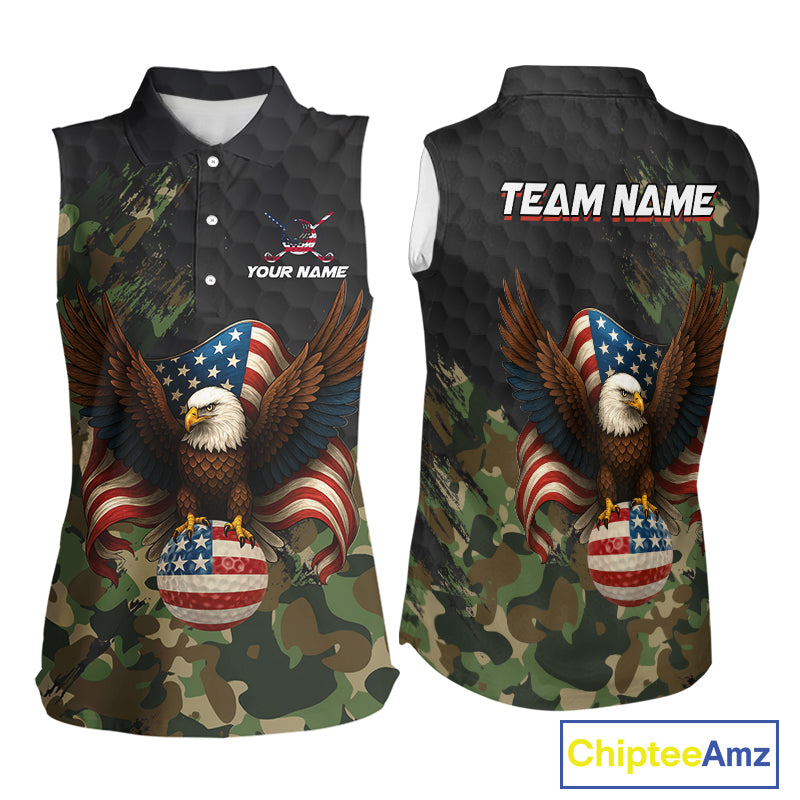 Black & Green Camo American Flag Eagle Womens sleeveless polo shirt Custom Patriotic Team Golf Jersey NQS10953
