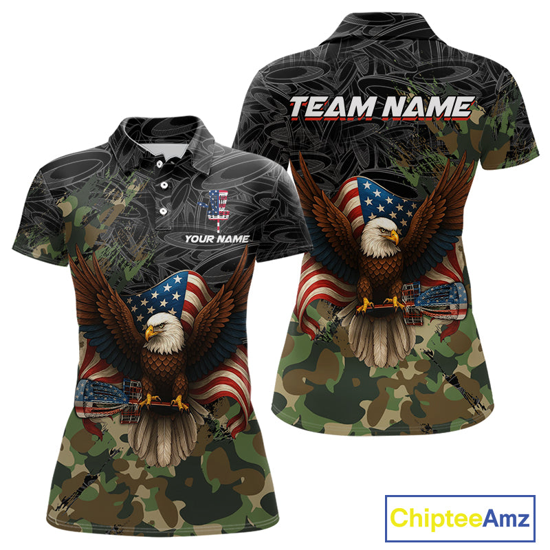 Black & Green Camo American Flag Eagle Womens Disc golf polo shirt, Patriotic disc golf jersey custom NQS10954