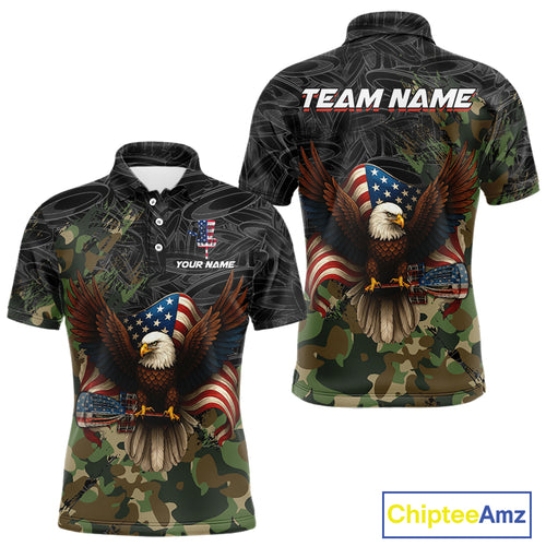 Black & Green Camo American Flag Eagle Mens Disc golf polo shirts, Patriotic disc golf jersey custom NQS10954