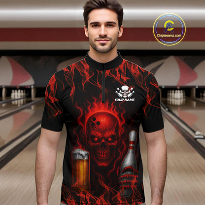Red Skull and Beer Bowling shirts with flames Custom Bowling Polo, 1/4 Zip bowling outfits for men NQS10955