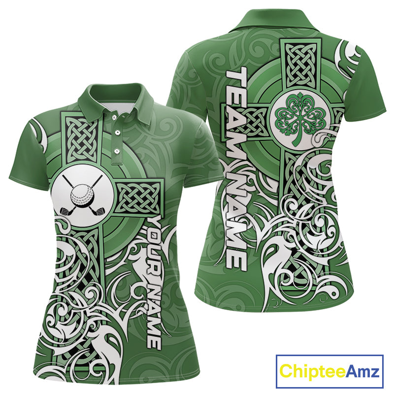 Green Irish Tribal Cross St Patrick's Day Womens Golf Polo Shirts Custom Lucky Golf Team Jerseys NQS11335