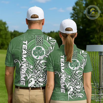 Green Irish Tribal Cross St Patrick's Day Disc Golf Polo Shirts Custom Lucky Disc Golf Team Outfits NQS11336