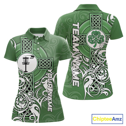 Green Irish Tribal Cross St Patrick's Day Disc Golf Polo Shirts Custom Lucky Disc Golf Team Outfits NQS11336