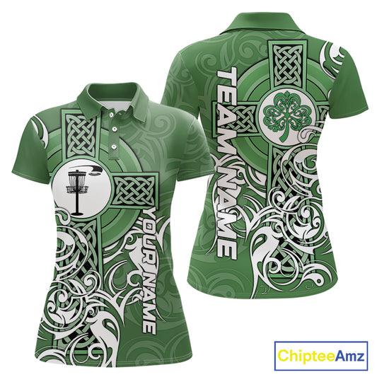 Green Irish Tribal Cross St Patrick's Day Disc Golf Polo Shirts Custom Lucky Disc Golf Team Outfits NQS11336