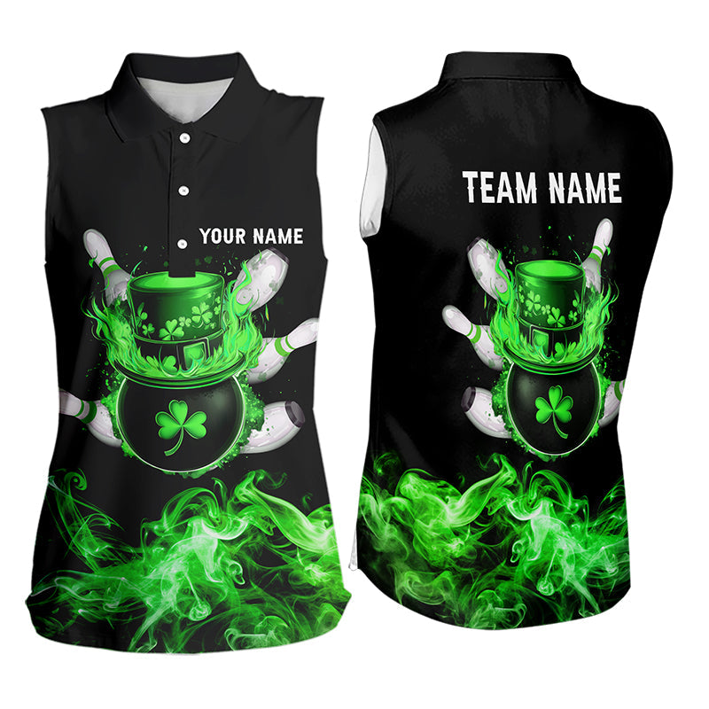 Green Flame Smoke Lucky clover Bowling Sleeveless Polo Shirt Custom St Patrick Day Bowling Team Jersey NQS9451
