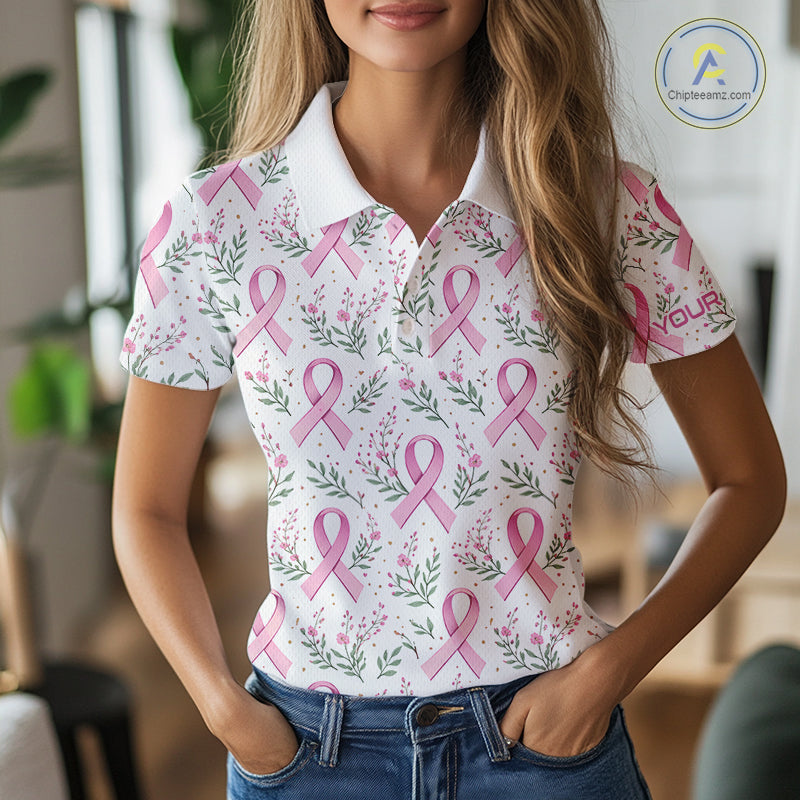 Pink ribbons floral pattern Breast Cancer golf polo shirts for Women Custom team ladies golf attire NQS11551