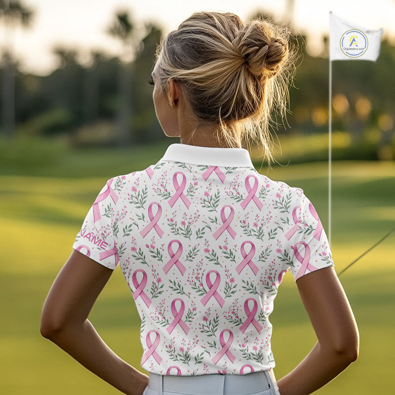 Pink ribbons floral pattern Breast Cancer golf polo shirts for Women Custom team ladies golf attire NQS11551