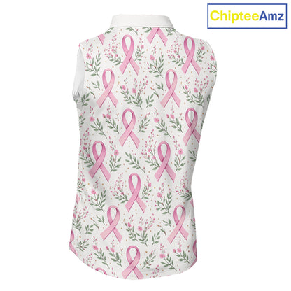 Pink ribbons floral pattern Breast Cancer sleeveless golf polo shirts Custom team ladies golf attire NQS11551