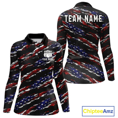 Black American Flag pattern bowling shirt for Women custom patriotic jersey team ladies bowling gifts NQS11552