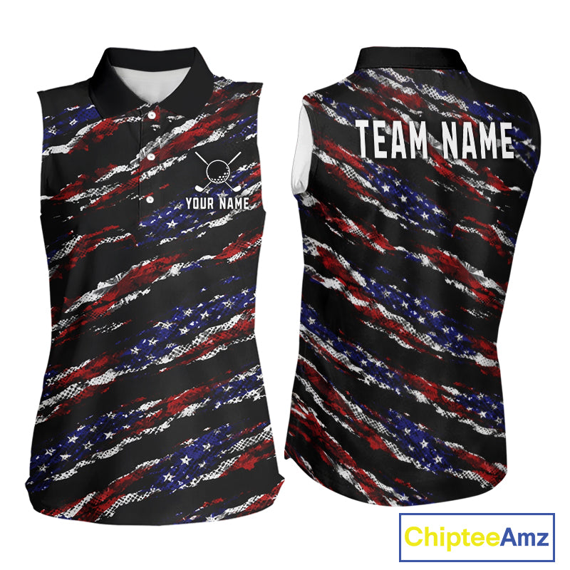 Black American Flag pattern Sleeveless Golf Polo shirts for Women custom ladies patriotic golf shirts NQS11553