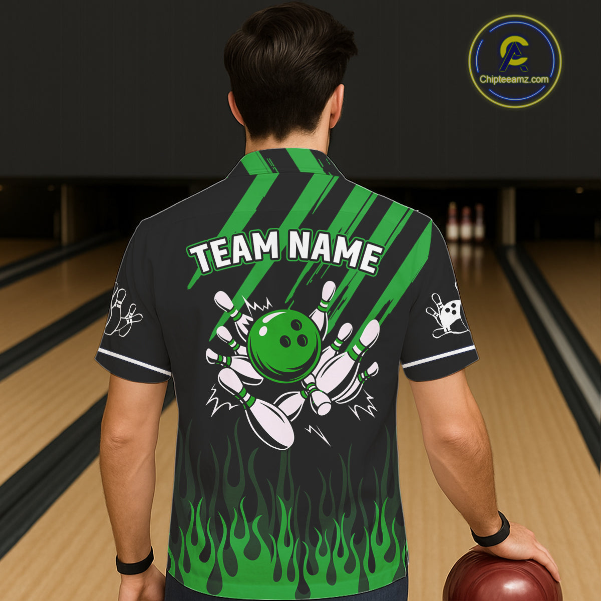 Black and Green Flame Retro Bowling Button-up Shirt Custom Vintage Team Hawaiian Bowling Jersey NQS11677