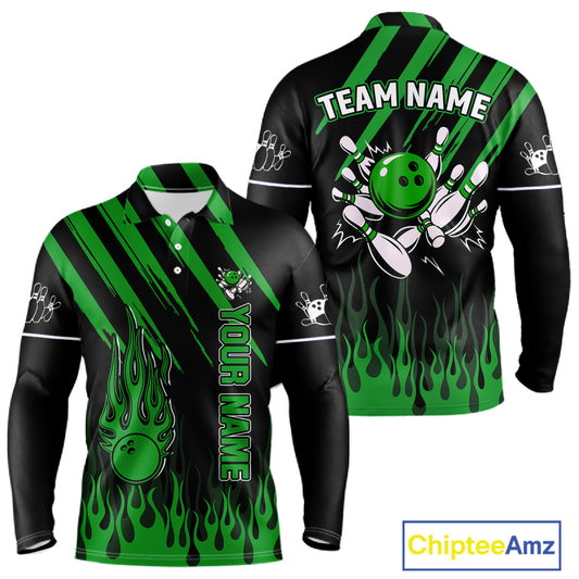 Black and Green Flame Retro Bowling Polo, 1/4 Zip Shirt for Men Custom Vintage Team Bowling Jersey NQS11677