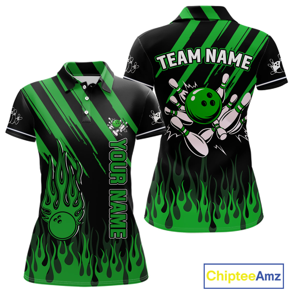 Black and Green Flame Retro Bowling Polo, 1/4 Zip Shirt for Women Custom Vintage Team Bowling Jersey NQS11677