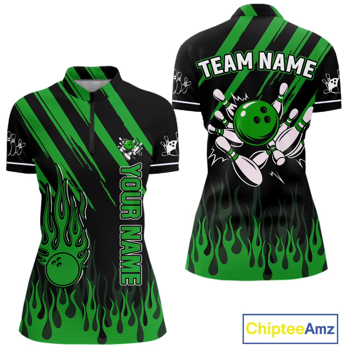 Black and Green Flame Retro Bowling Polo, 1/4 Zip Shirt for Women Custom Vintage Team Bowling Jersey NQS11677