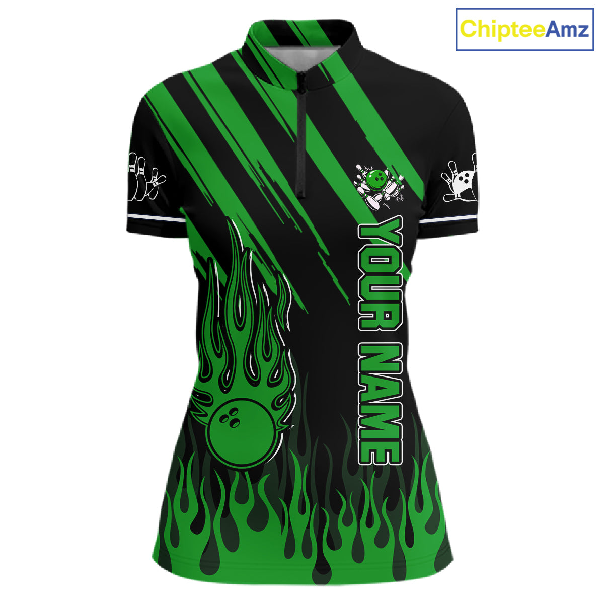 Black and Green Flame Retro Bowling Polo, 1/4 Zip Shirt for Women Custom Vintage Team Bowling Jersey NQS11677