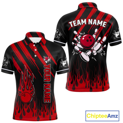Black and Red Flame Retro Bowling Polo, 1/4 Zip Shirt for Men Custom Vintage Team Bowling Jersey NQS11678