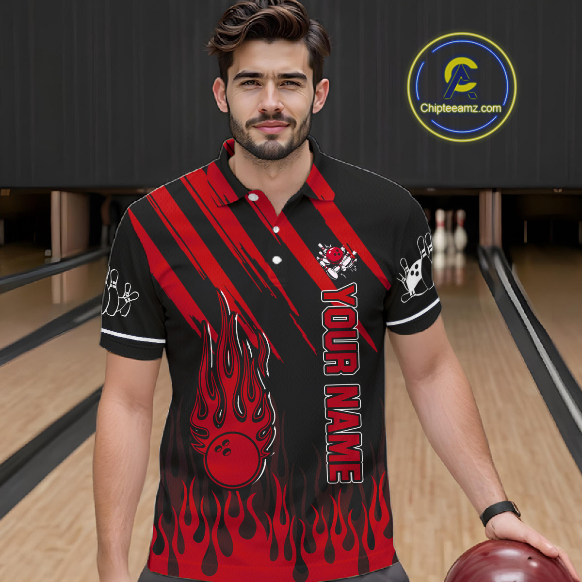 Black and Red Flame Retro Bowling Polo, 1/4 Zip Shirt for Men Custom Vintage Team Bowling Jersey NQS11678