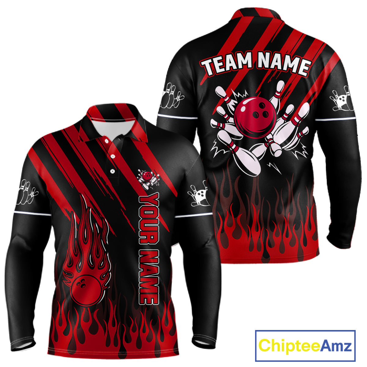 Black and Red Flame Retro Bowling Polo, 1/4 Zip Shirt for Men Custom Vintage Team Bowling Jersey NQS11678