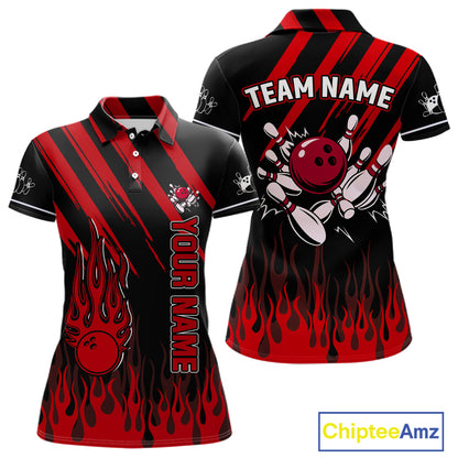 Black and Red Flame Retro Bowling Polo, 1/4 Zip Shirt for Women Custom Vintage Team Bowling Jersey NQS11678