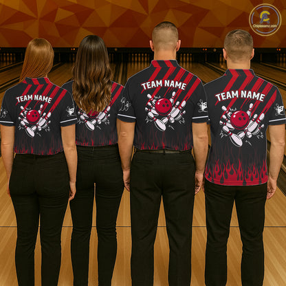Black and Red Flame Retro Bowling Polo, 1/4 Zip Shirt for Women Custom Vintage Team Bowling Jersey NQS11678