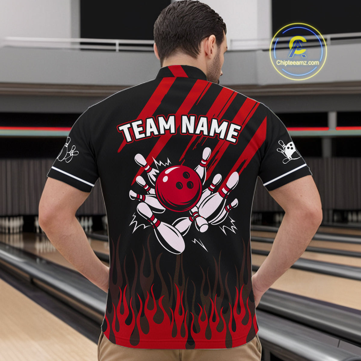 Black and Red Flame Retro Bowling Polo, 1/4 Zip Shirt for Men Custom Vintage Team Bowling Jersey NQS11678