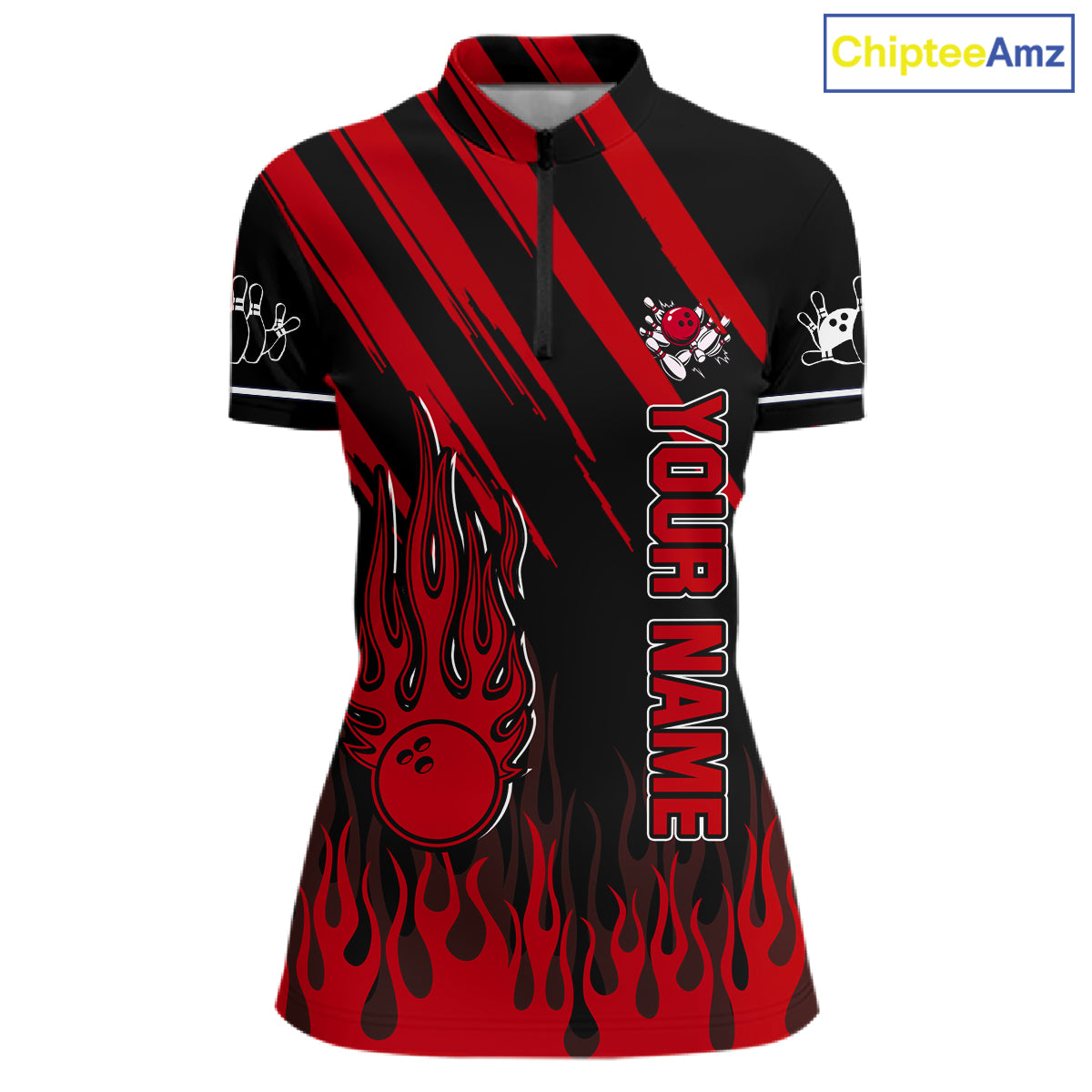 Black and Red Flame Retro Bowling Polo, 1/4 Zip Shirt for Women Custom Vintage Team Bowling Jersey NQS11678
