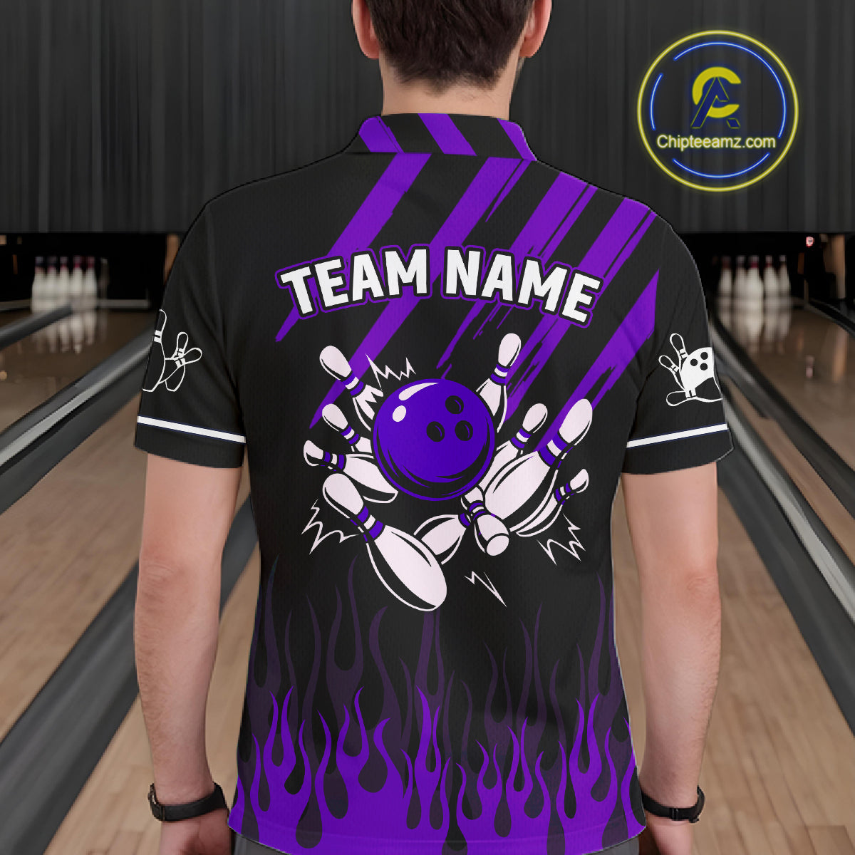 Black and Purple Flame Retro Bowling Polo, 1/4 Zip Shirt for Men Custom Vintage Team Bowling Jersey NQS11679