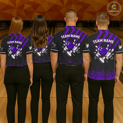 Black and Purple Flame Retro Bowling Polo, 1/4 Zip Shirt for Men Custom Vintage Team Bowling Jersey NQS11679