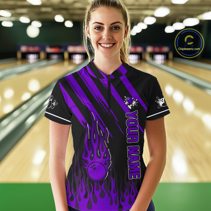 Black and Purple Flame Retro Bowling Polo, 1/4 Zip Shirt for Women Custom Vintage Team Bowling Jersey NQS11679