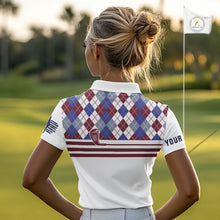 Load image into Gallery viewer, Red, White and Blue argyle pattern golf clubs Women Golf polo shirts Custom golf attire for ladies NQS10030