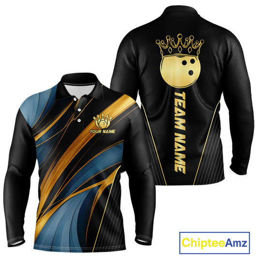 Blue and Gold Bowling ball Polo, Quarter Zip Shirts for Men Custom Bowling Outfit Team bowlers jersey NQS10032