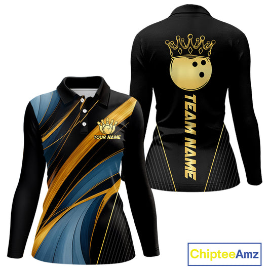Blue & Gold Bowling ball Polo, Quarter Zip Shirts for Women Custom Bowling Outfit Team bowlers jersey NQS10032