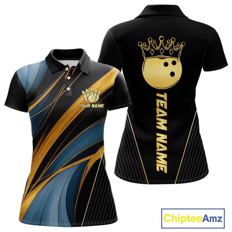 Blue & Gold Bowling ball Polo, Quarter Zip Shirts for Women Custom Bowling Outfit Team bowlers jersey NQS10032