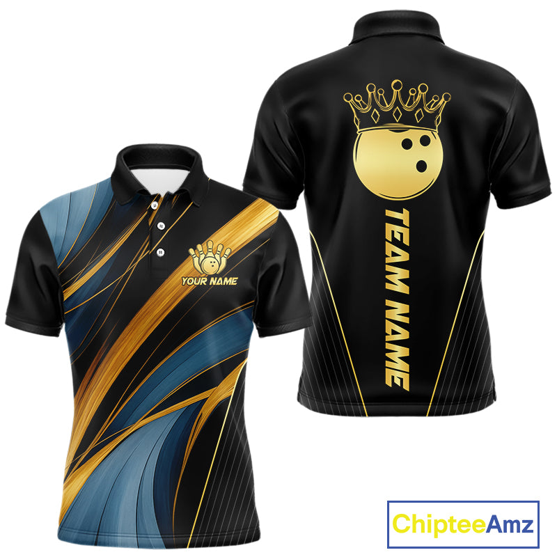 Blue and Gold Bowling ball Polo, Quarter Zip Shirts for Men Custom Bowling Outfit Team bowlers jersey NQS10032