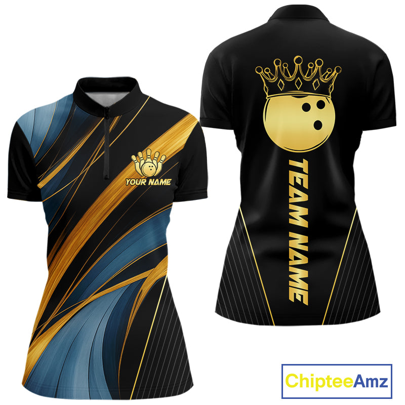 Blue & Gold Bowling ball Polo, Quarter Zip Shirts for Women Custom Bowling Outfit Team bowlers jersey NQS10032